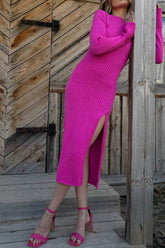 Contrast Ribbed Knit Side Slit Dress